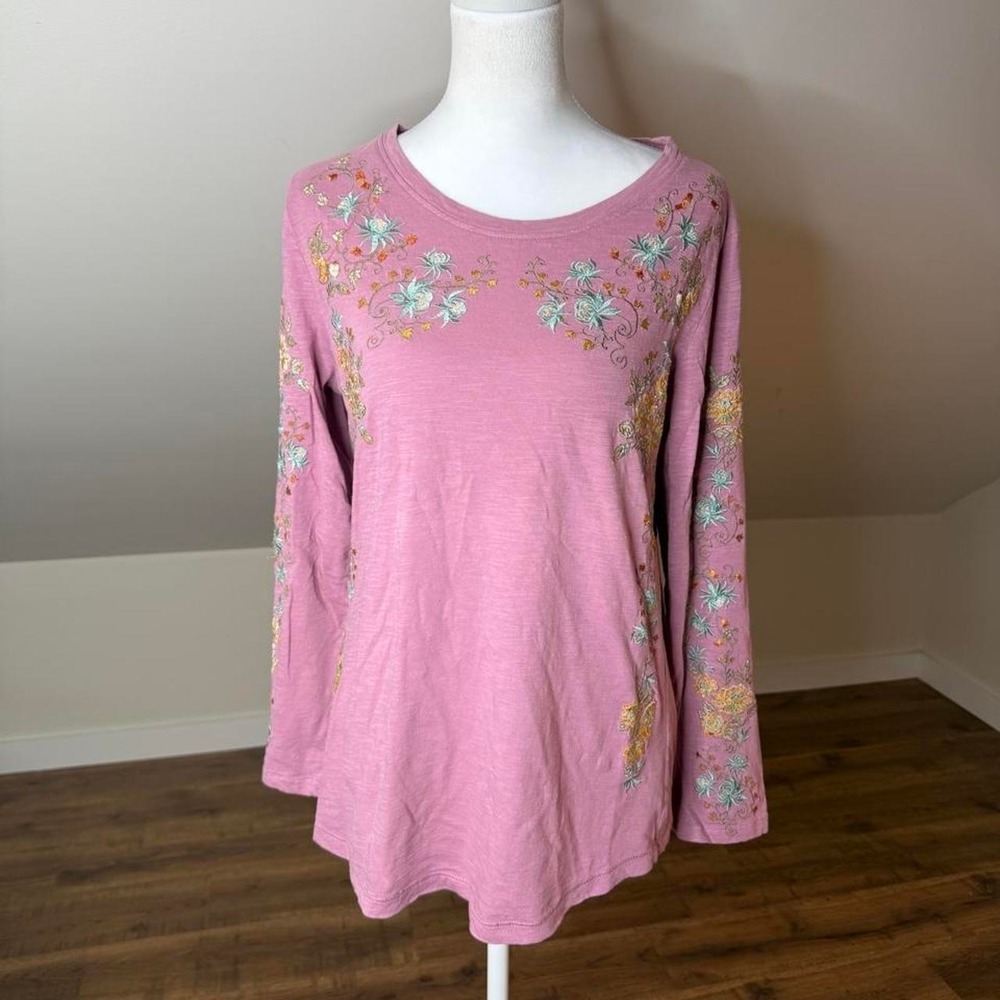 Sundance Embroidered Floral Long Sleeve Top Pink Boho Cottagecore Size Small